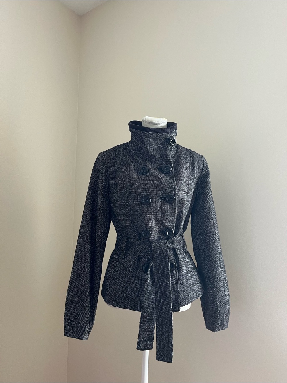 Womens Charcoal Double-Breasted Belted Wool Jacket